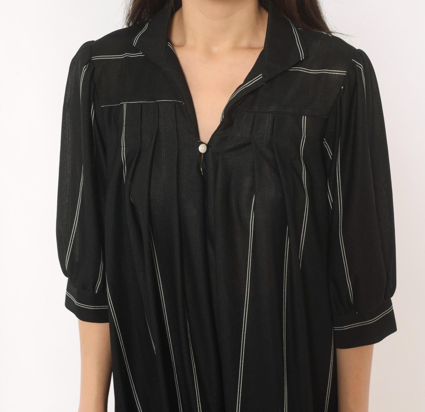 70s Black Pinstripe Shirt Dress Knee-Length Collared Button Front Medium