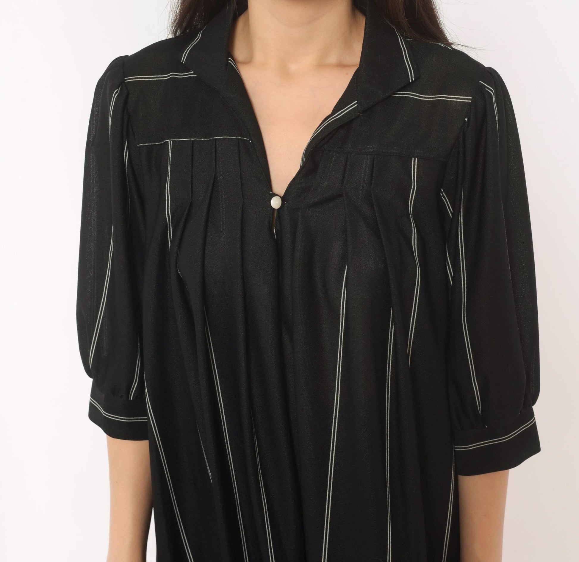70s Black Pinstripe Shirt Dress Knee-Length Collared Button Front Medium