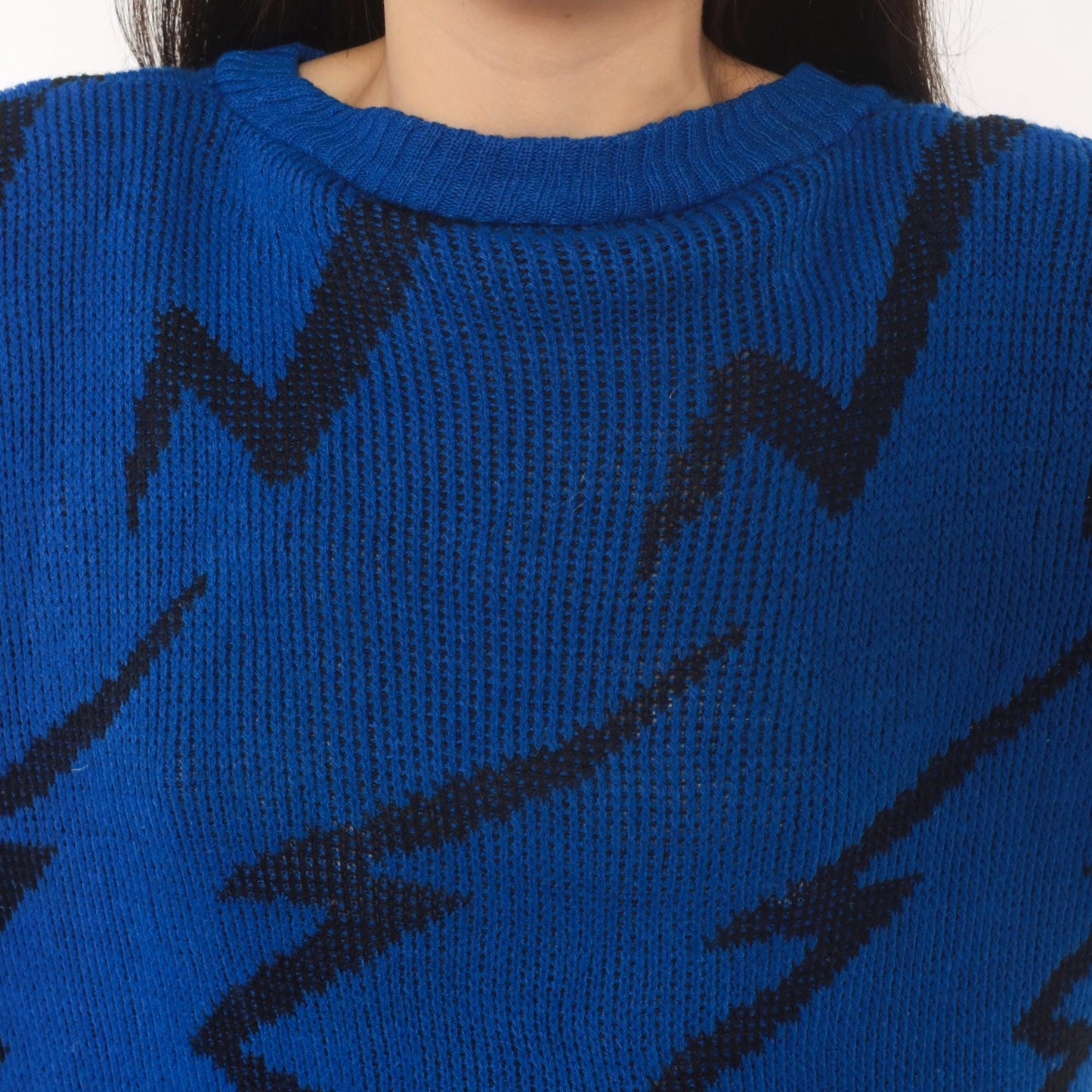80s Cobalt Blue Lightning Bolt Knit Pullover Black Zigzag Crewneck Medium