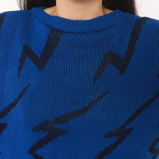 80s Cobalt Blue Lightning Bolt Knit Pullover Black Zigzag Crewneck Medium