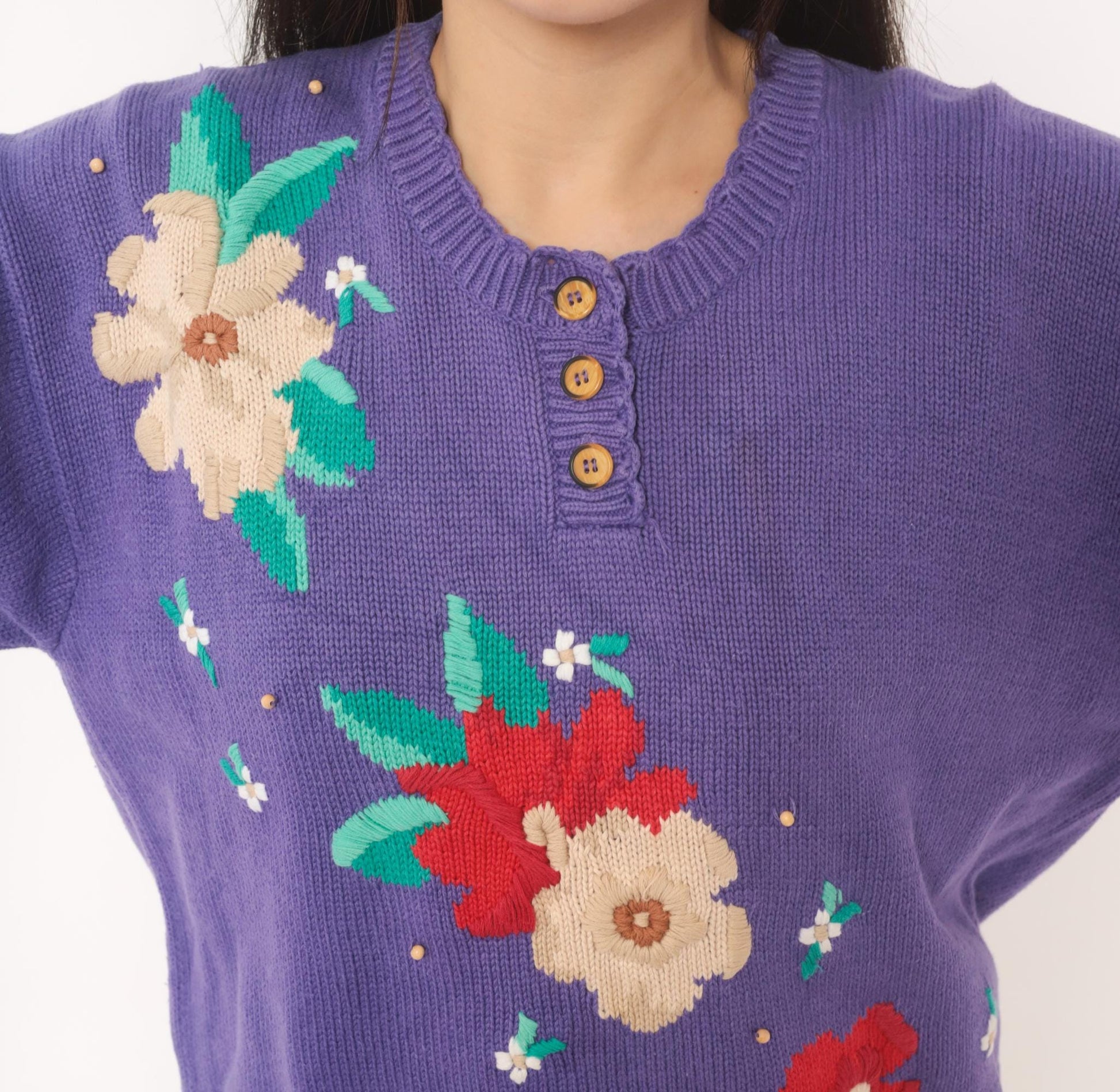 80s Koret Francisca Purple Floral Embroidered Henley Sweater Cotton Medium M