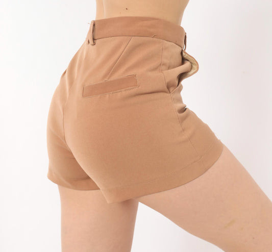 00s Tan Tailored Shorts High Waist Button Front Cuffed Hem Small S
