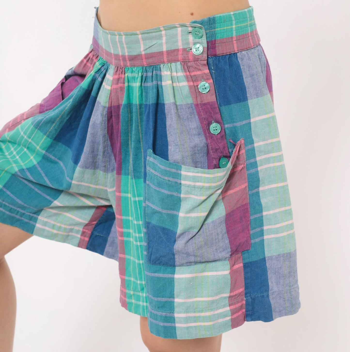 90s Technics Madras Plaid Shorts High Waisted Wide Leg Cotton Teal Pink Large L