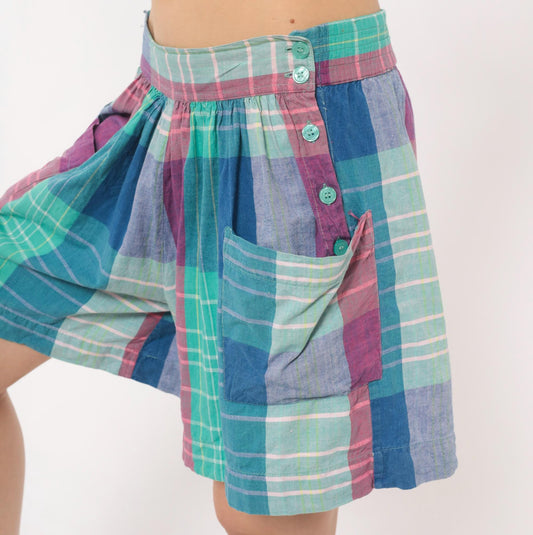 90s Technics Madras Plaid Shorts High Waisted Wide Leg Cotton Teal Pink Large L