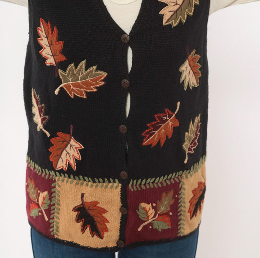 90s Black Knit Vest Autumn Leaves Appliqué Button Front Patchwork Medium M