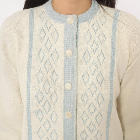 70s Mello Knit Cream Baby Blue Diamond Cardigan Button Front Medium