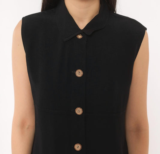 90s First Option Black Sleeveless Button Blouse Pointed Collar Medium M