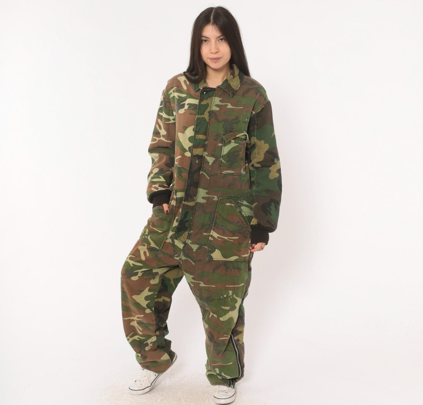 90s Woodland Camouflage Coveralls Zip Front Jumpsuit One Piece Medium