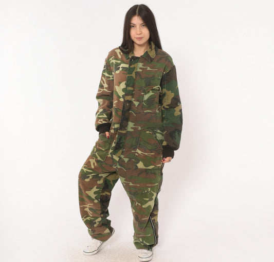 90s Woodland Camouflage Coveralls Zip Front Jumpsuit One Piece Medium