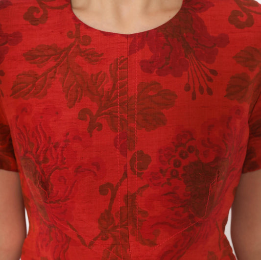 60s Lisa Carlton Red Silk Jacquard Floral A-Line Dress Knee Length Small S