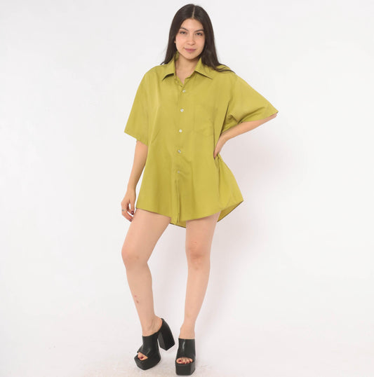 70s Olive Button-Front Camp Shirt Cotton Short Sleeve Moss Green Plus Size XXL