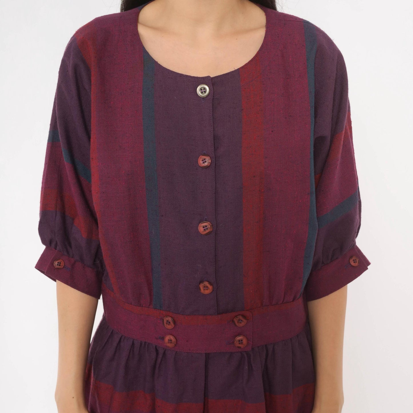 80s David Warren Plaid Midi Dress Purple Burgundy Puff Sleeve Cotton Large L