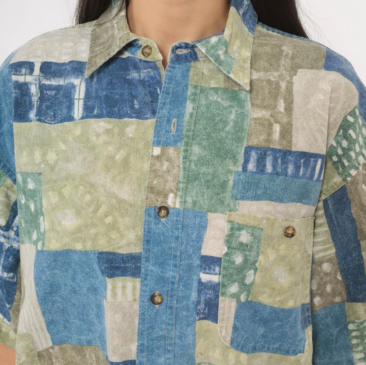 90s Marc Daniels Patchwork Print Button Shirt Cotton Geometric Blue Sage Medium