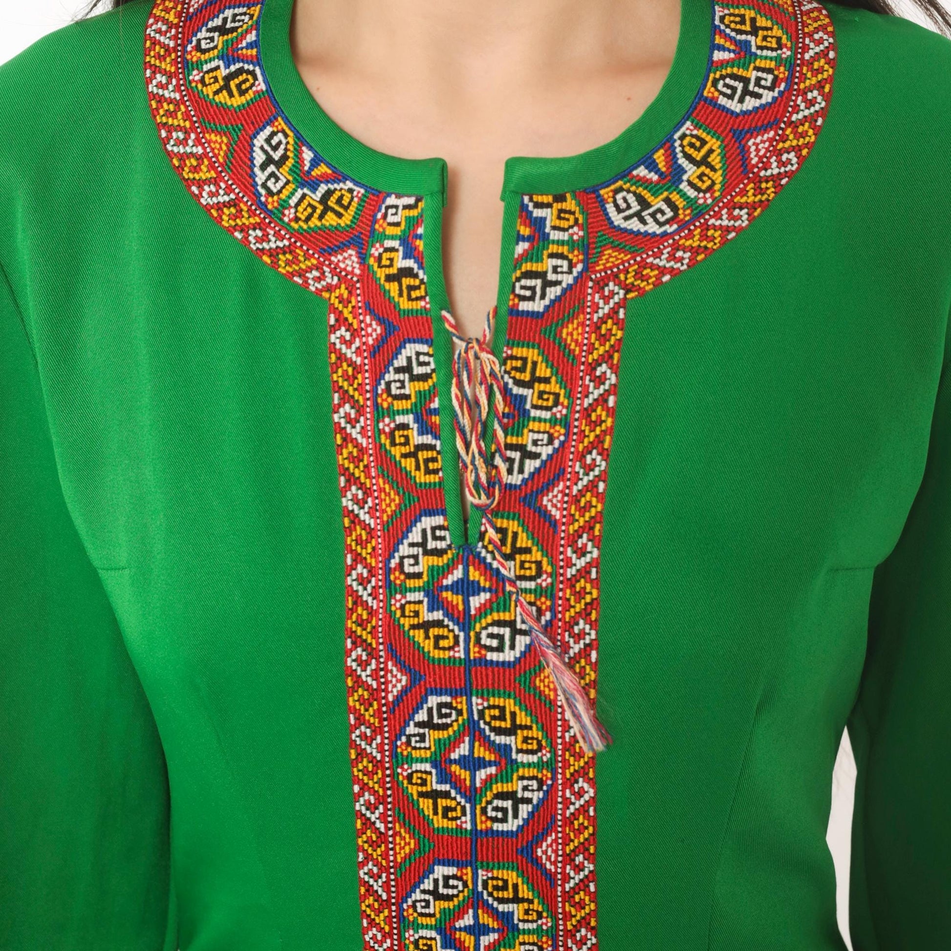 70s Emerald Green Maxi Dress Embroidered Neckline Long Sleeve Kaftan Extra Small XS