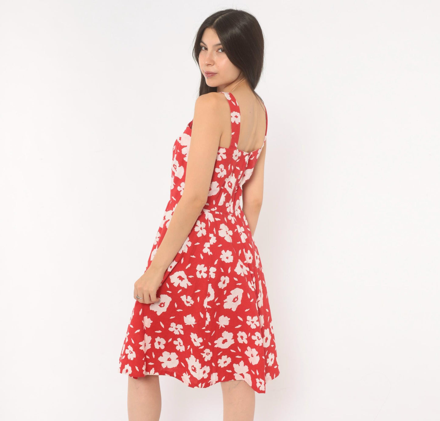 80s Red Floral Cotton Sundress White Square Neck A-Line Knee Length Extra Small XS