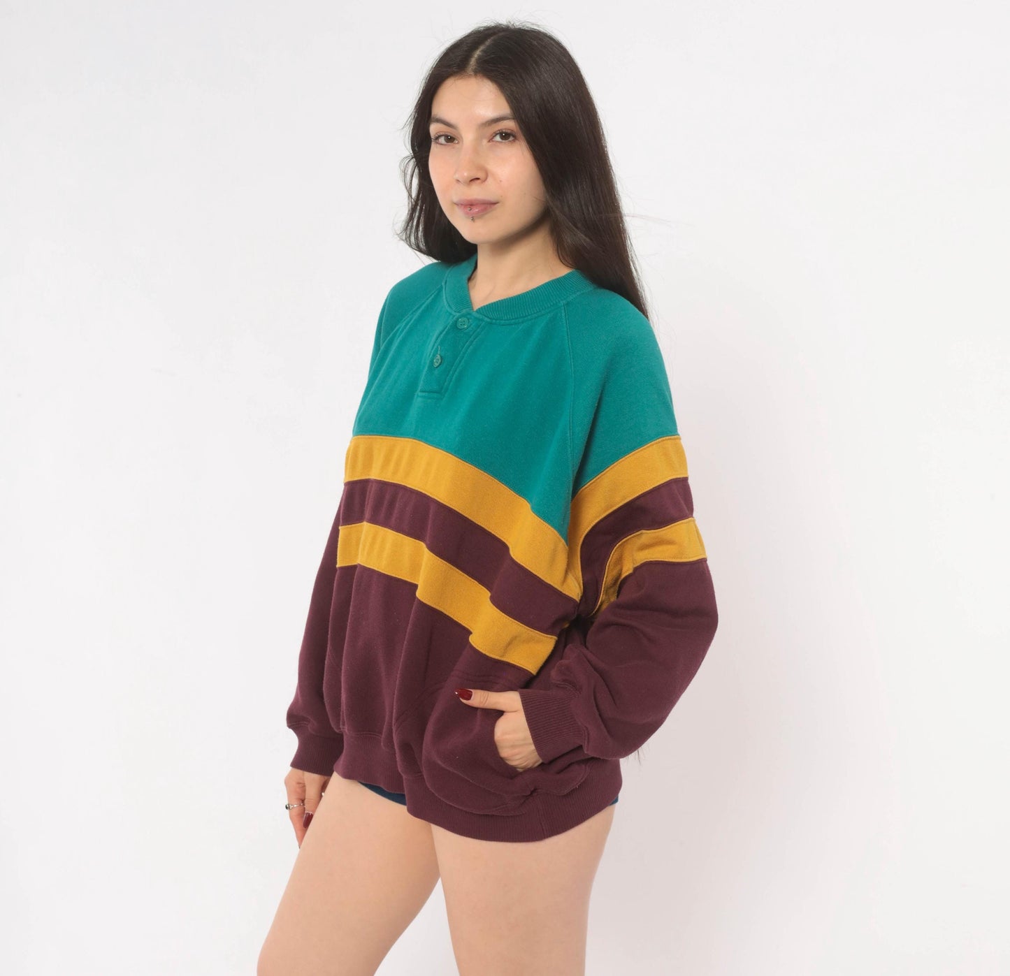 90s Prides Landing Color Block Henley Sweatshirt Teal Burgundy Mustard Large L