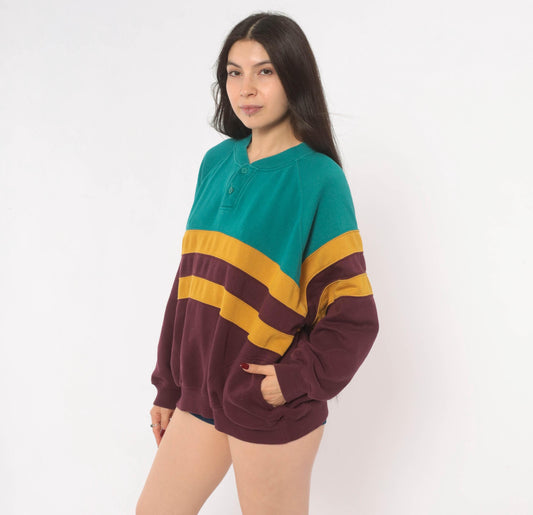 90s Prides Landing Color Block Henley Sweatshirt Teal Burgundy Mustard Large L
