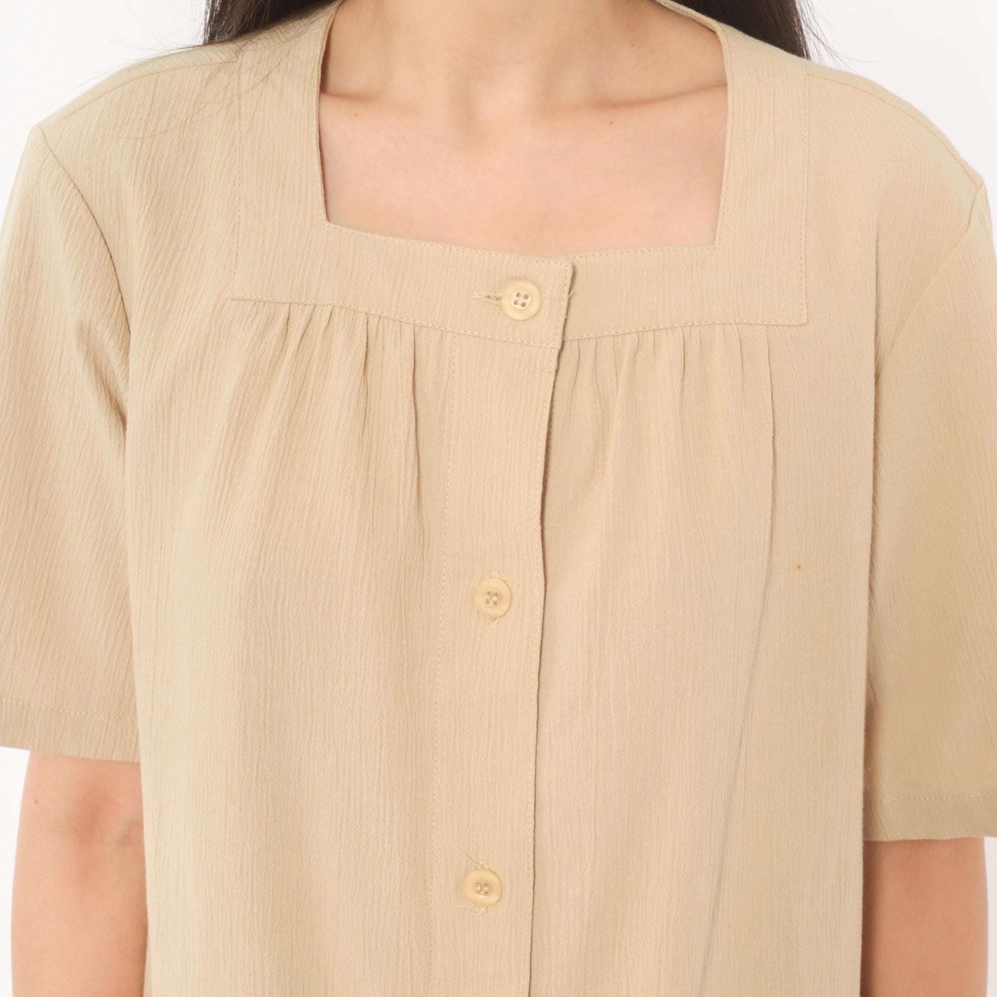 2000s The Tog Shop Petites Button Front Shift Dress Tan Square Neck Medium