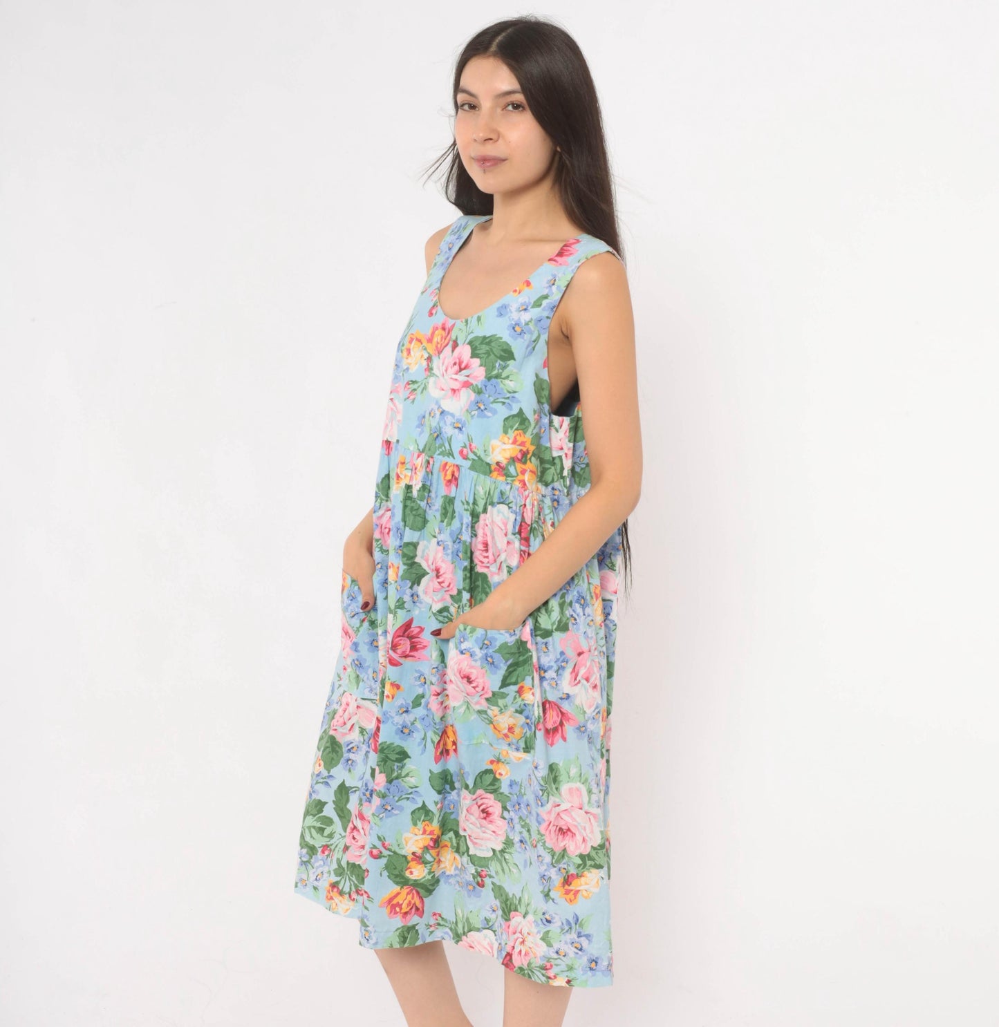 80s Sky Blue Floral Sundress Rose Print Scoop Neck Gathered Waist Medium
