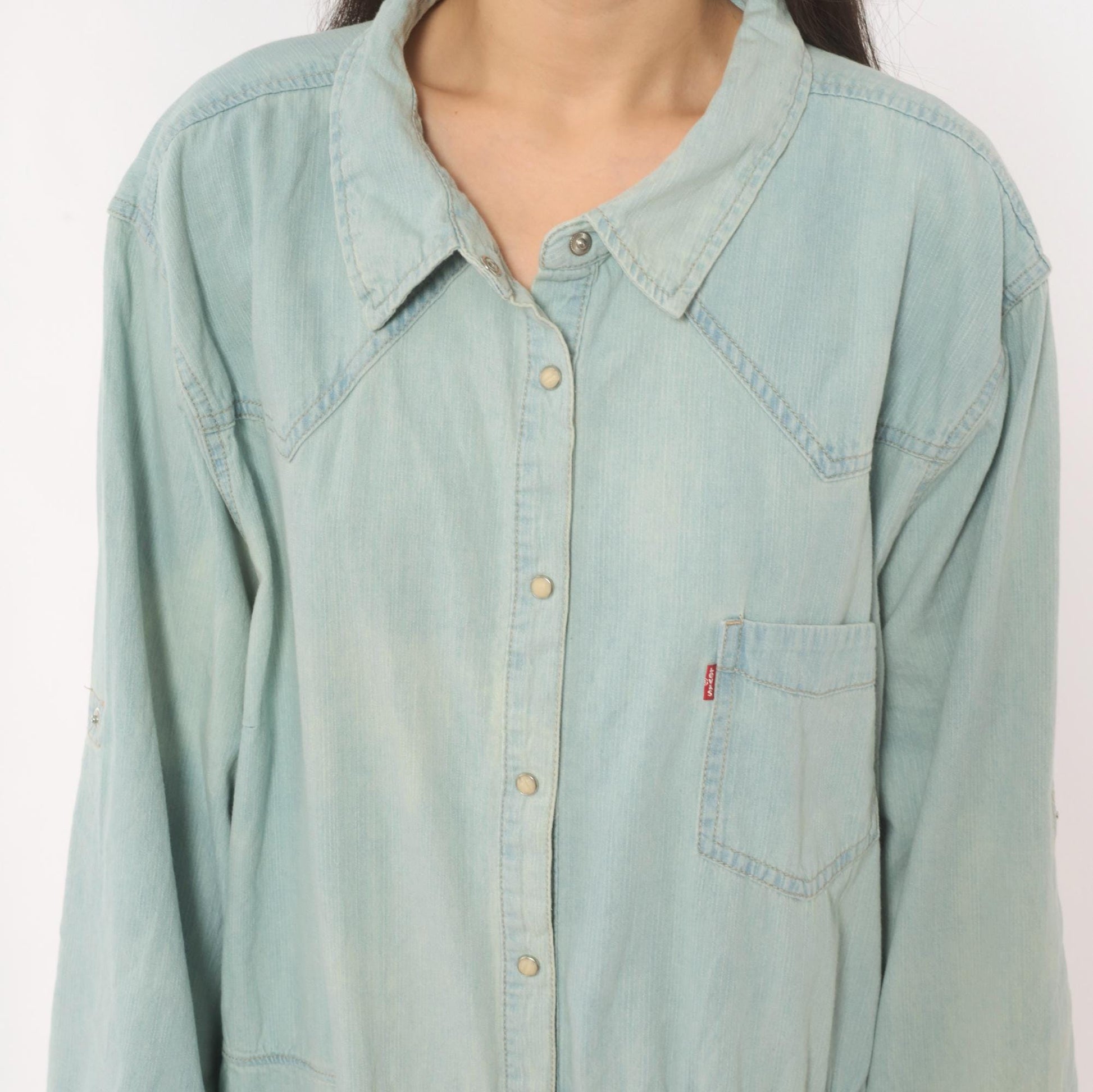 00s Levis Light Wash Denim Shirt Dress Western Yoke Midi Cotton Plus Size 3XL