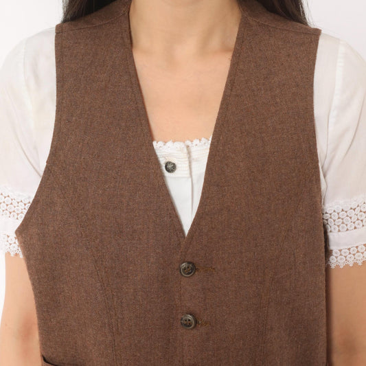 70s Angels Flight Wool Herringbone Vest Brown V-Neck Button Front Small S