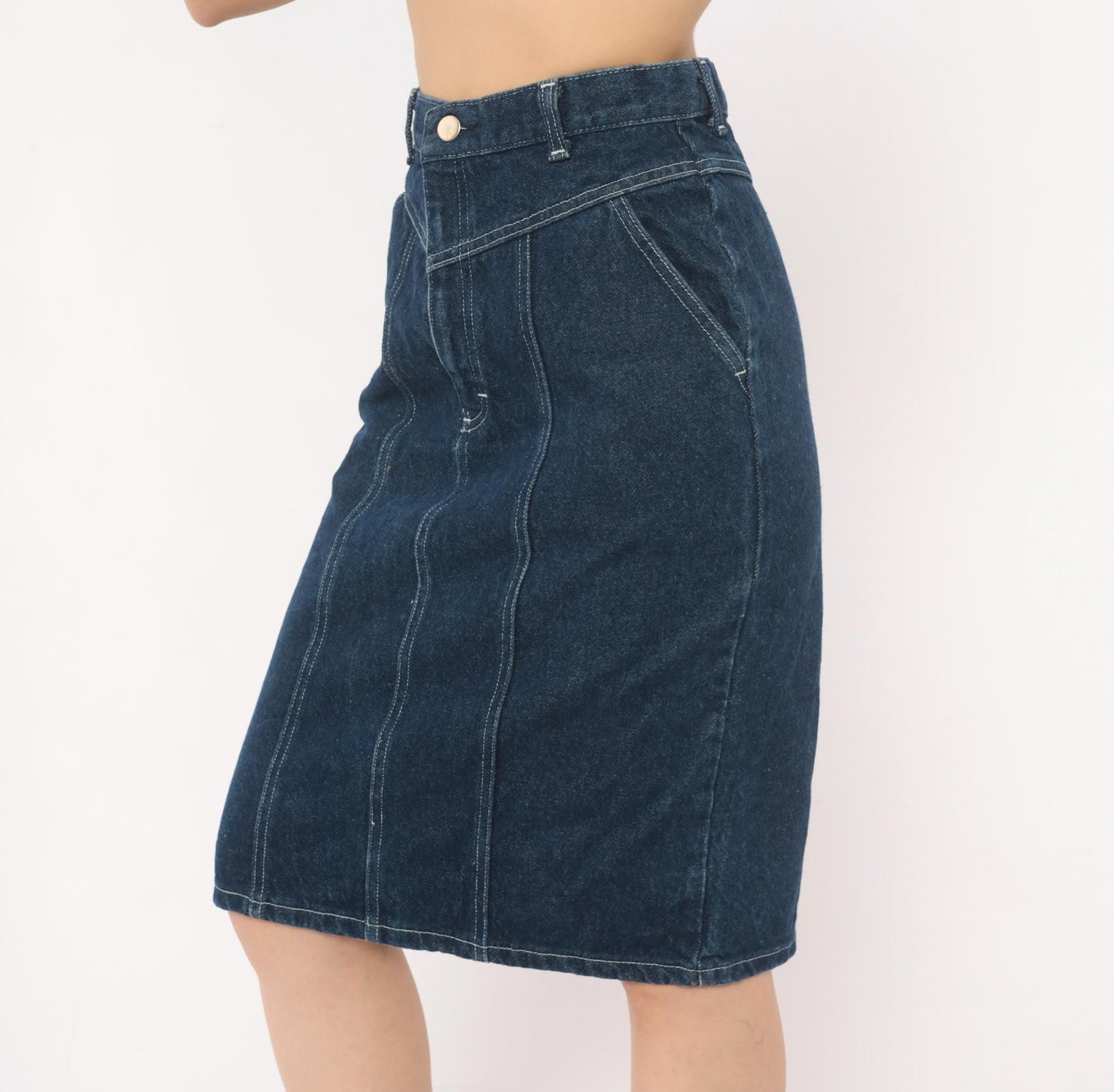 80s Cheryl Tiegs Denim Pencil Skirt High Waist Dark Wash Western Yoke Small S