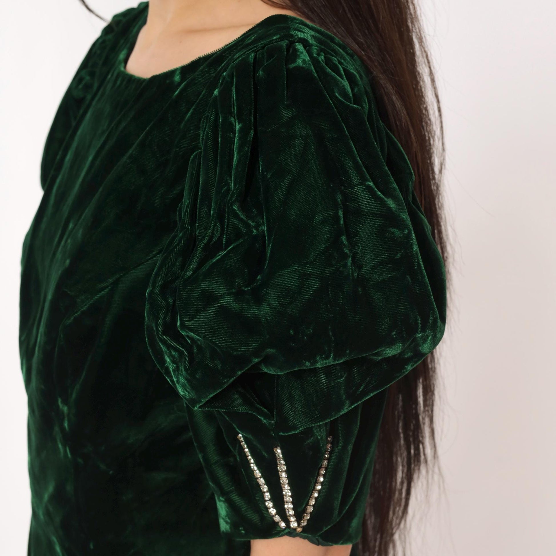 80s Emerald Velvet Puff Sleeve Blouse Forest Green Bow Back Rhinestone Medium