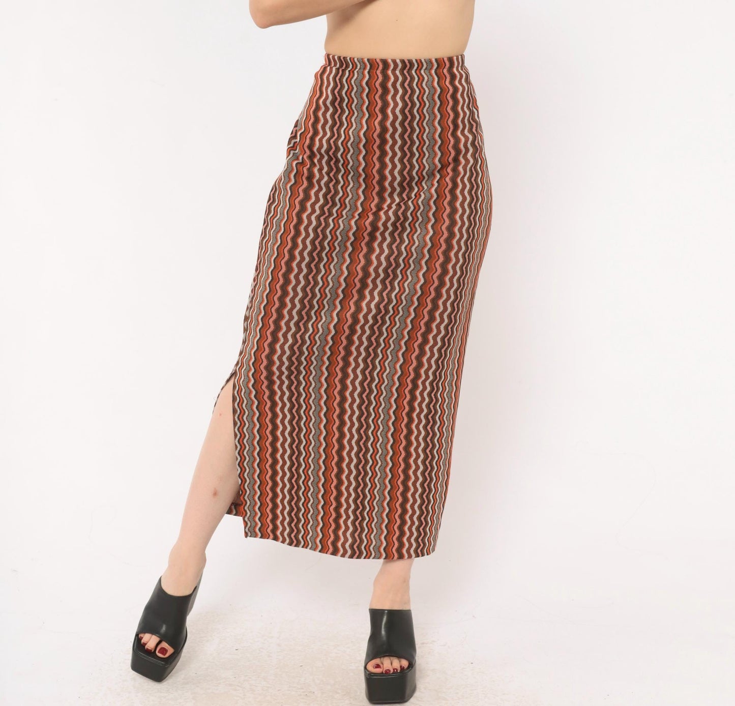 70s Orange Brown Zigzag Knit Maxi Skirt Chevron Stripe Elastic Waist Large