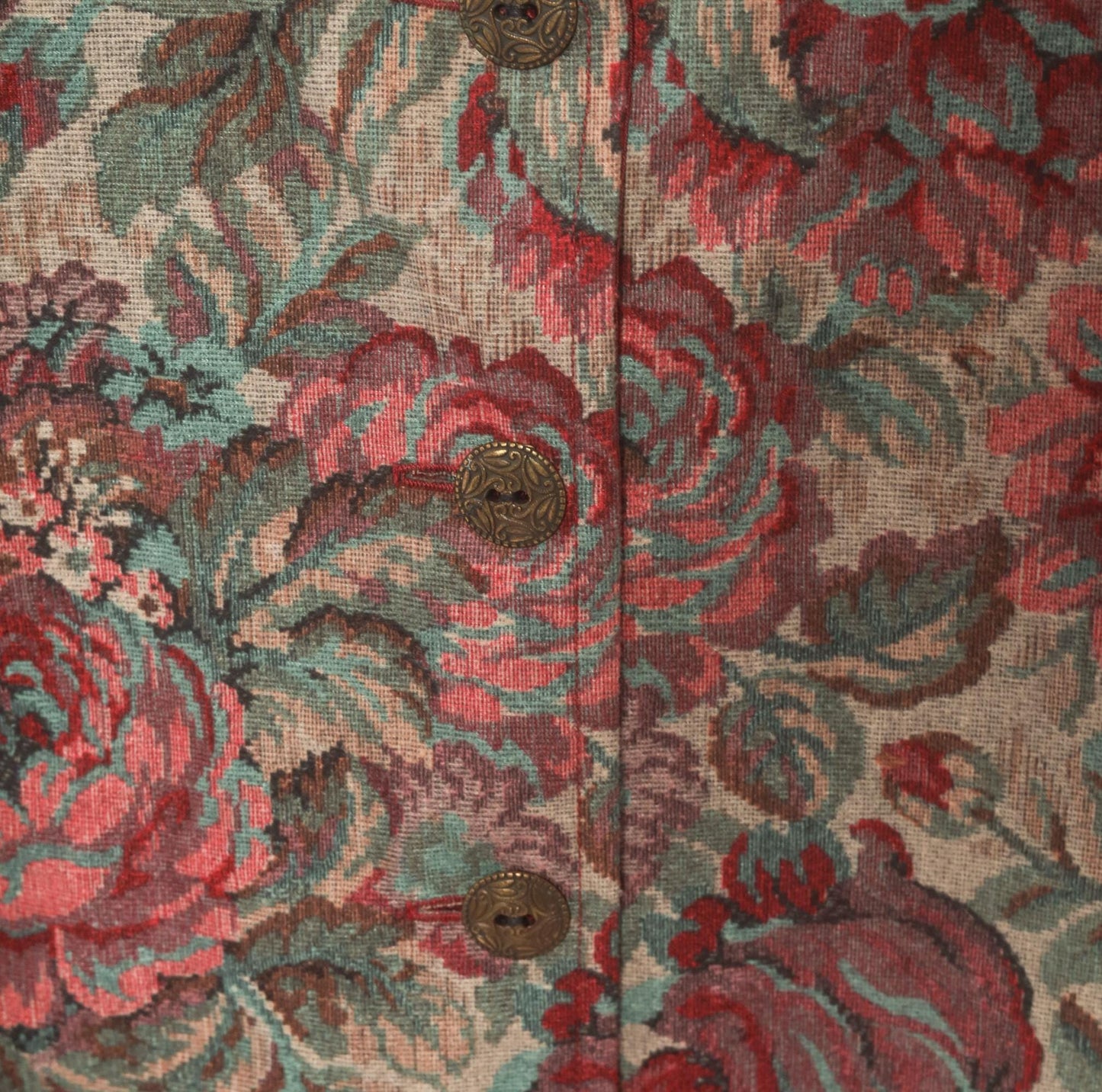90s Floral Tapestry Vest Burgundy Teal Rose Jacquard Button Front Large L