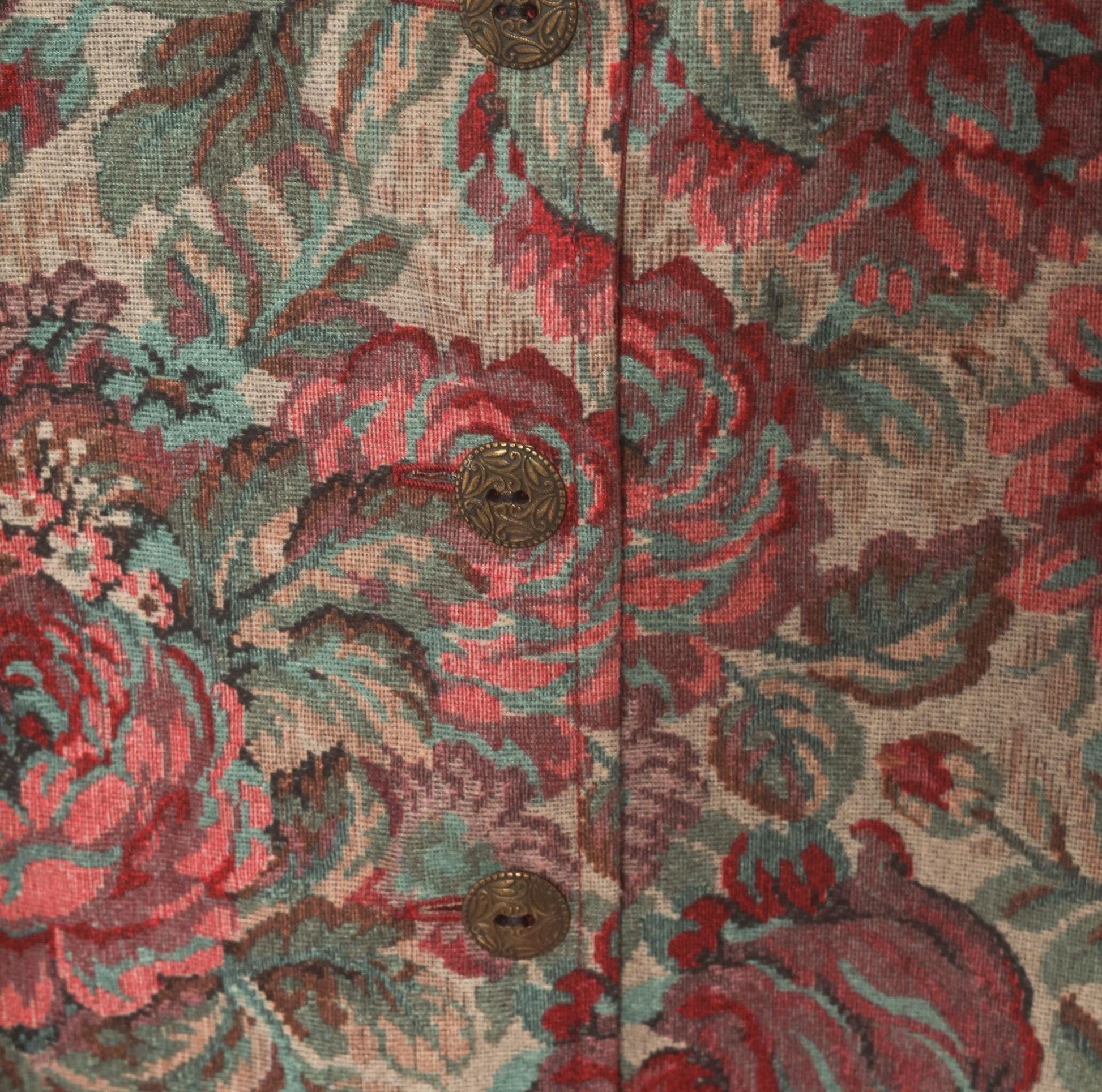 90s Floral Tapestry Vest Burgundy Teal Rose Jacquard Button Front Large L