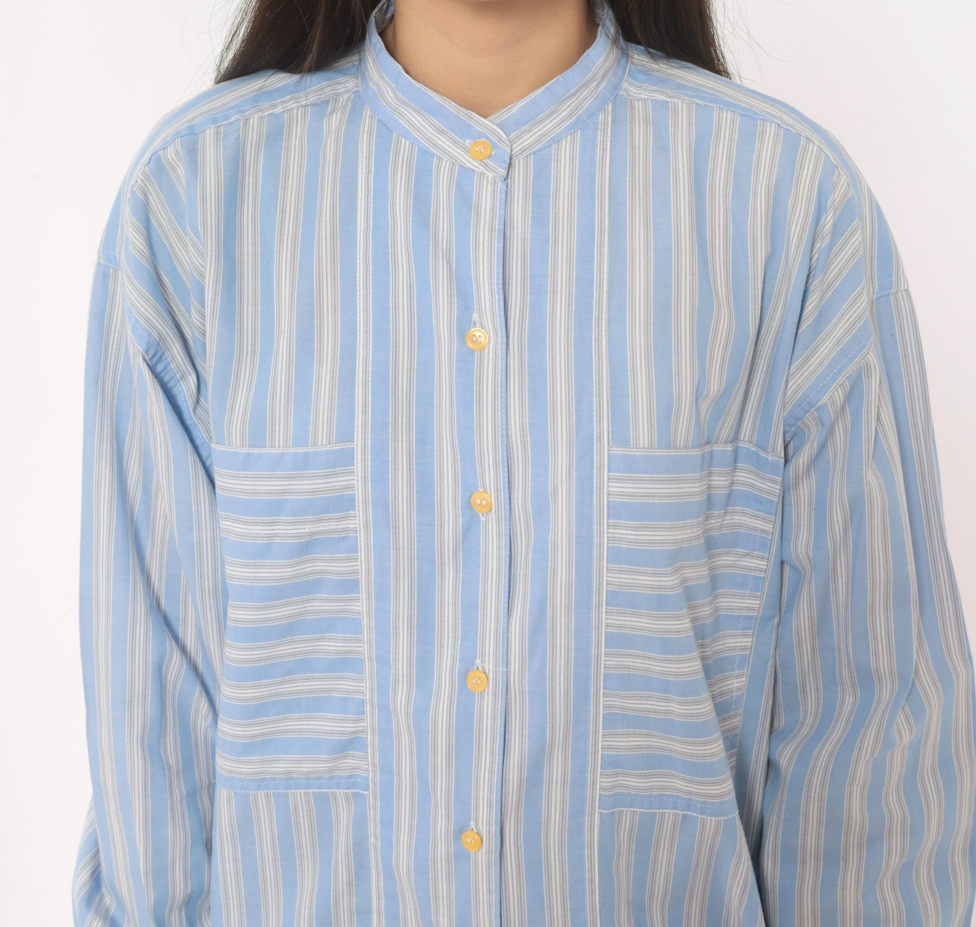 90s Gap Blue White Striped Shirt Band Collar Cotton Blouse Medium M