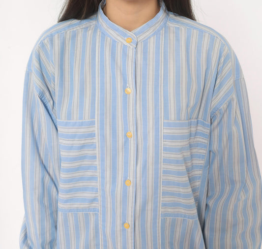 90s Gap Blue White Striped Shirt Band Collar Cotton Blouse Medium M