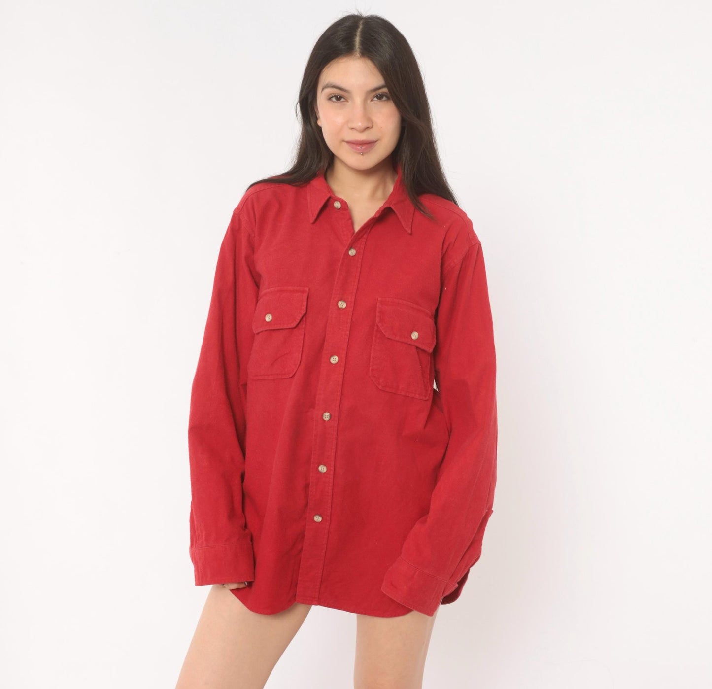 Woolrich 90s Red Cotton Flannel Button-Up Shirt Dual Chest Pocket Large L