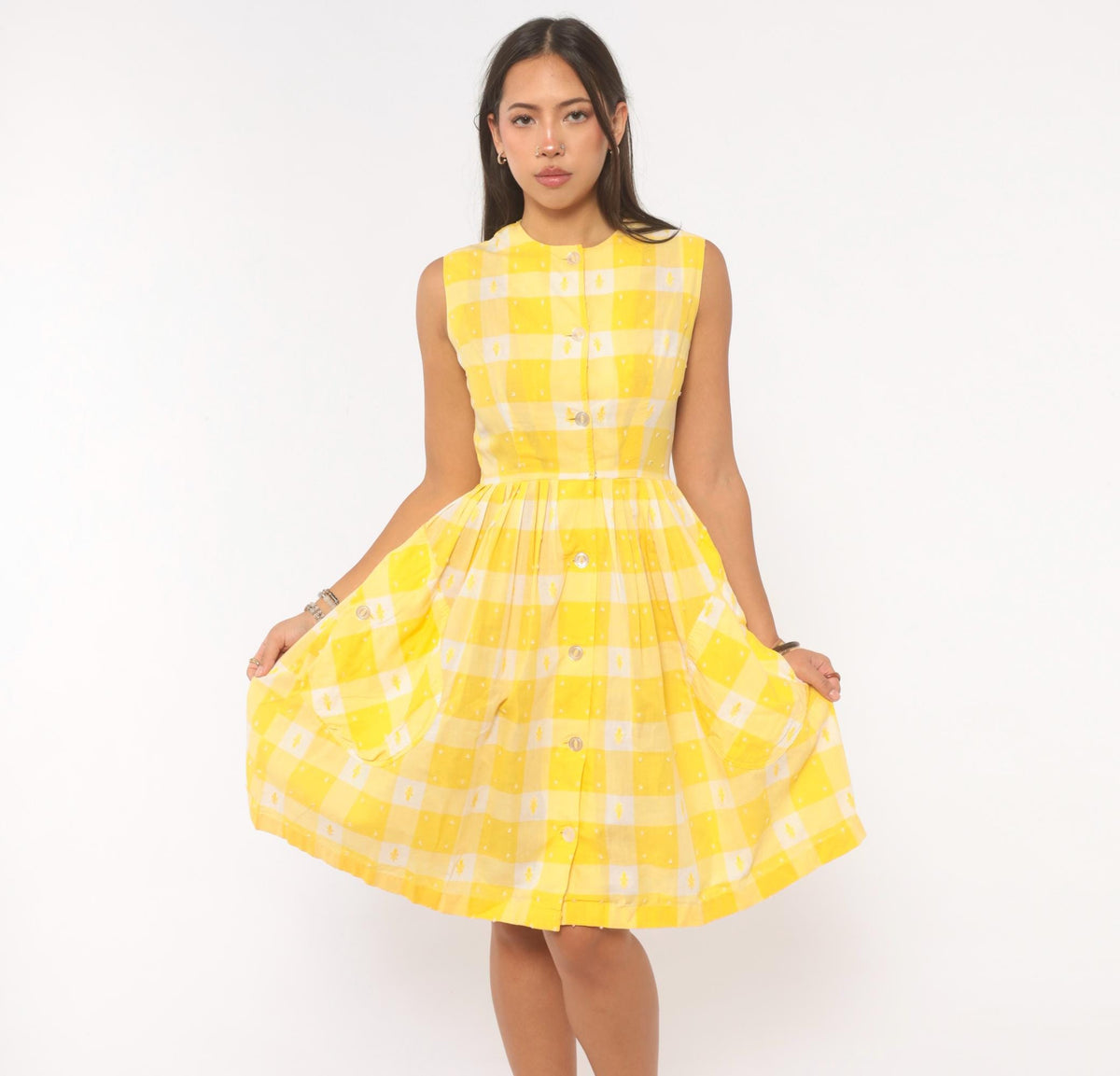 60s Yellow White Gingham Cotton Sundress Button Front Pleated Knee Length Extra Small