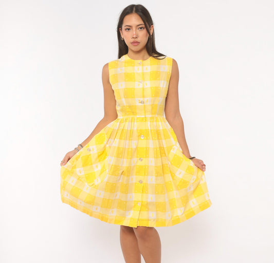60s Yellow White Gingham Cotton Sundress Button Front Pleated Knee Length Extra Small