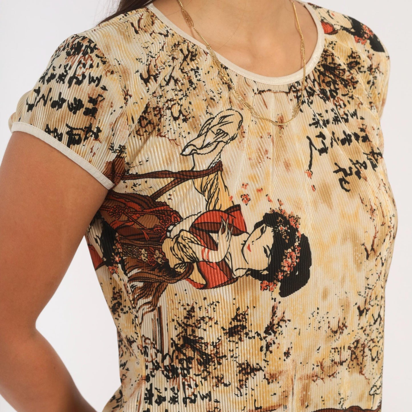 Y2K Pretty Girl Geisha Cap Sleeve Top Tan Brown Red Small S