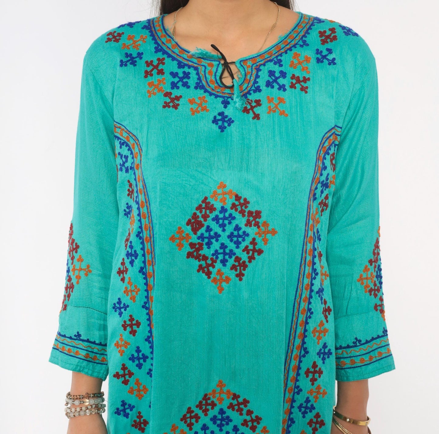 Y2K Teal Cotton Kaftan Embroidered Cross Stitch Diamond Tunic Dress Medium M