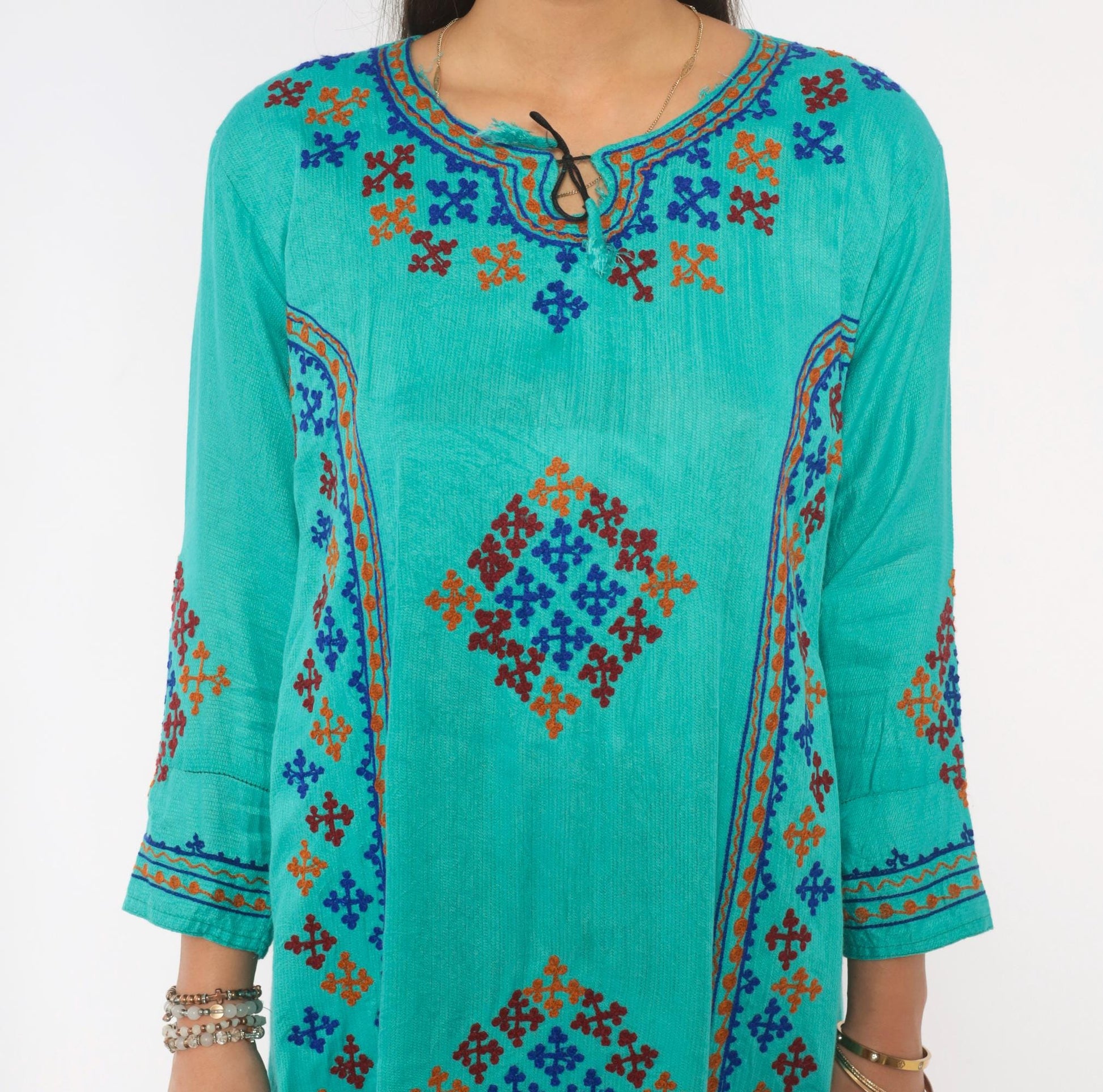 Y2K Teal Cotton Kaftan Embroidered Cross Stitch Diamond Tunic Dress Medium M