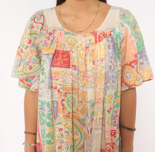 90s Carriage Court Patchwork Tile Print Cotton Midi Dress Multicolor Flutter Sleeve Medium M