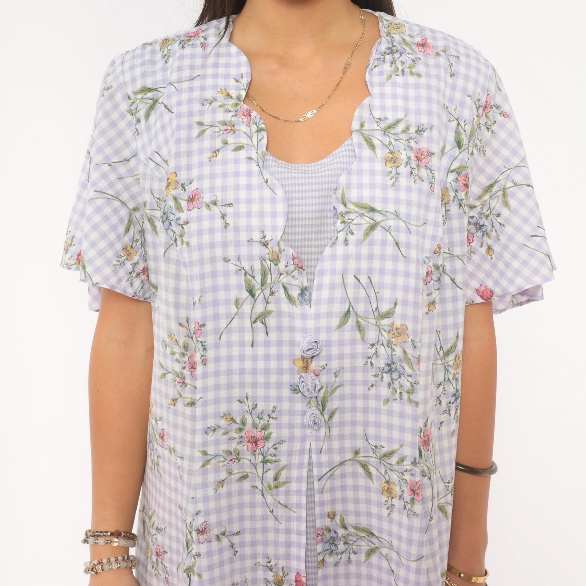 90s Sarah Richards Plus Lavender Gingham Floral Dress Flutter Sleeve A-Line Extra Large XXL