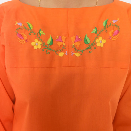 70s Orange Embroidered Maxi Dress Cotton Floral Bell Sleeve Boat Neck Medium M
