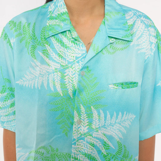 90s Malihini Hawaiian Shirt Fern Print Aqua Blue Green Leaf Camp Collar Medium