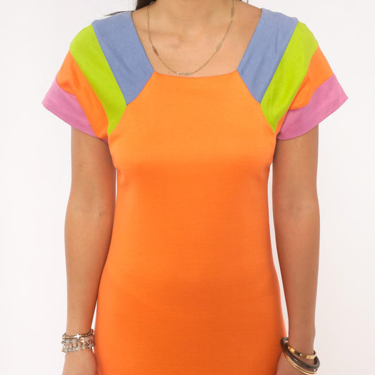 80s Baba Kea Orange Maxi Dress Color Block Raglan Cap Sleeve Cotton Small
