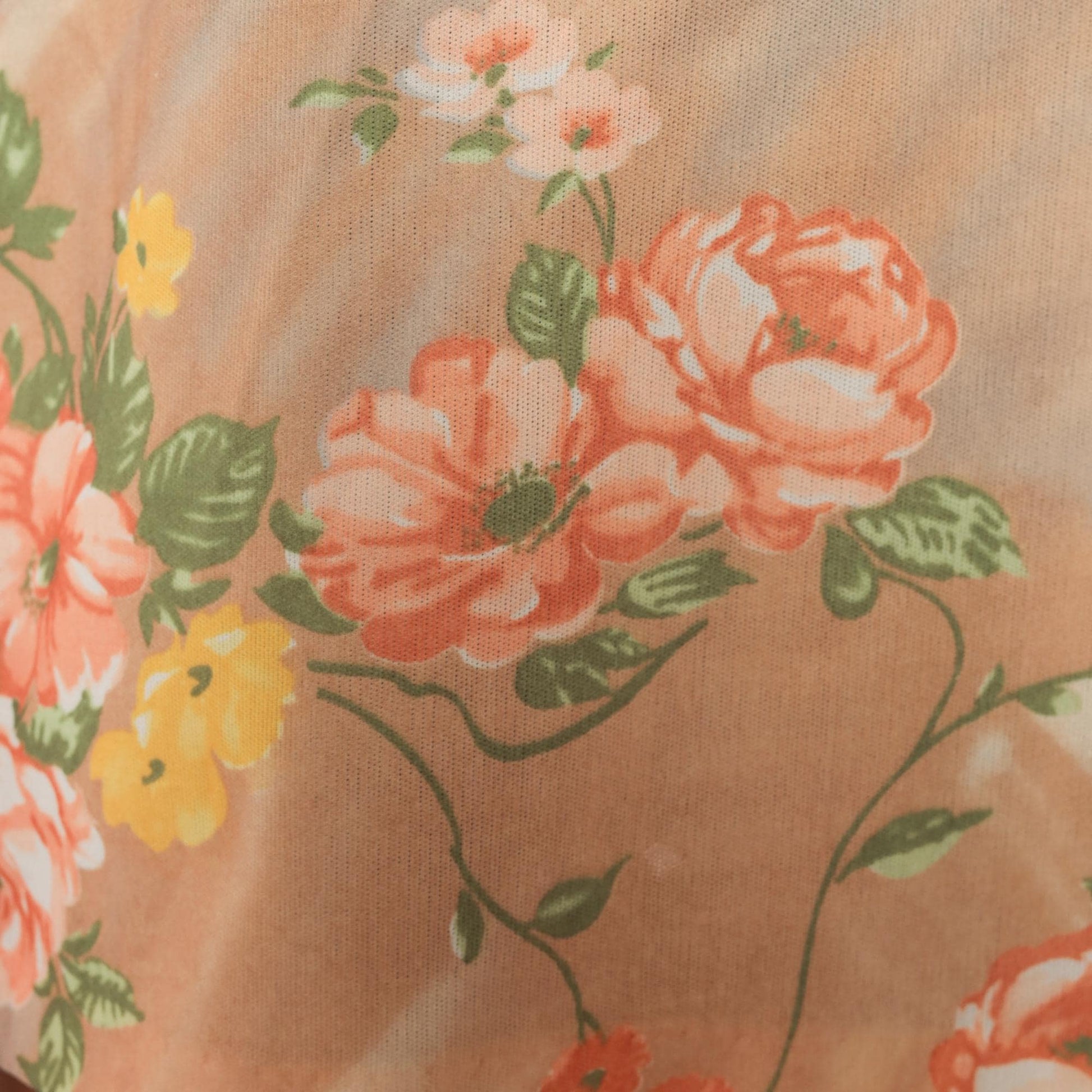 70s Floral Polo Shirt Peach Tan Rose Print Collared Pullover Large L