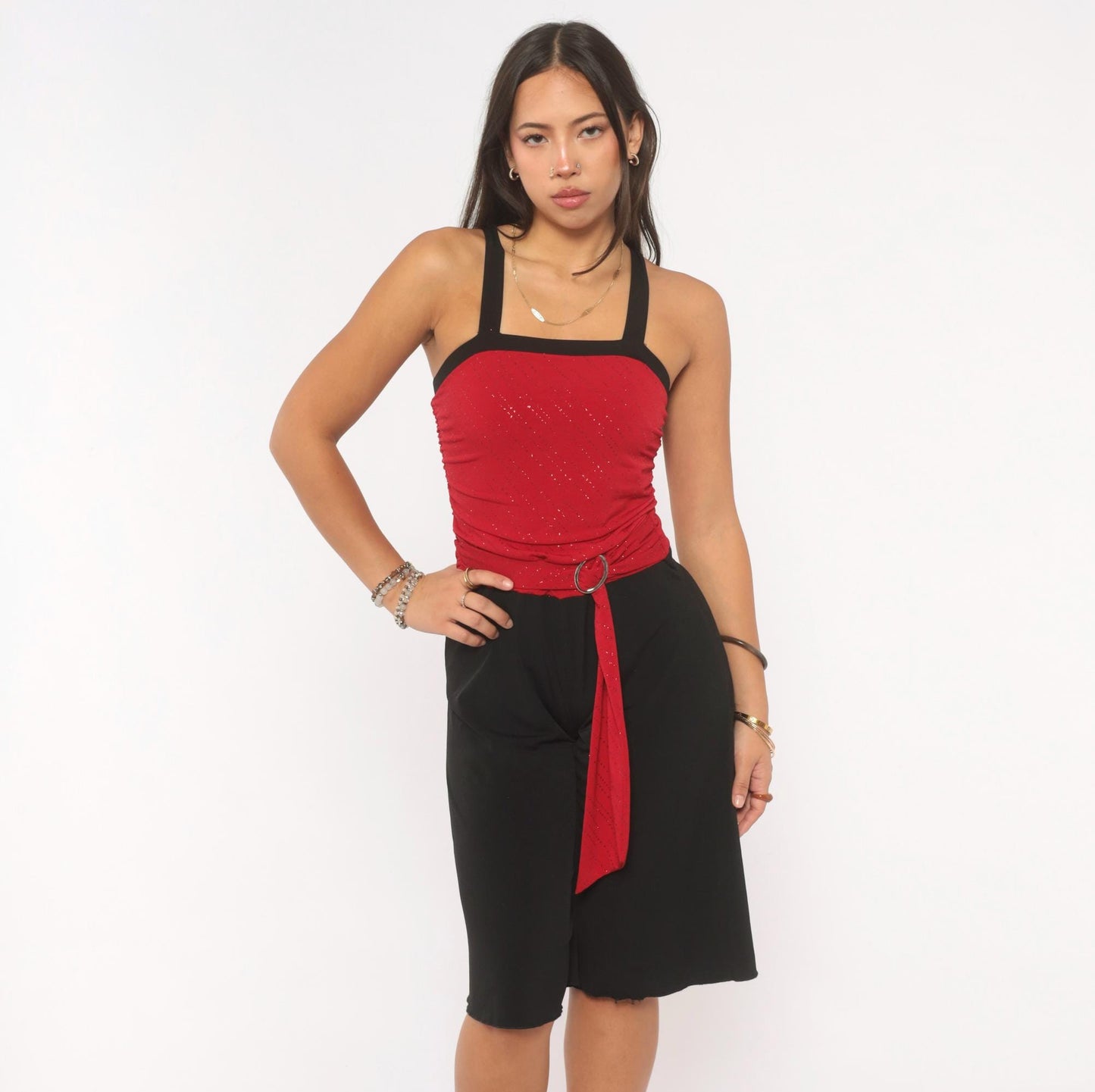 Y2K Byergirl Red Glitter Black Wide-Leg Jumpsuit Ruched Bodice XS
