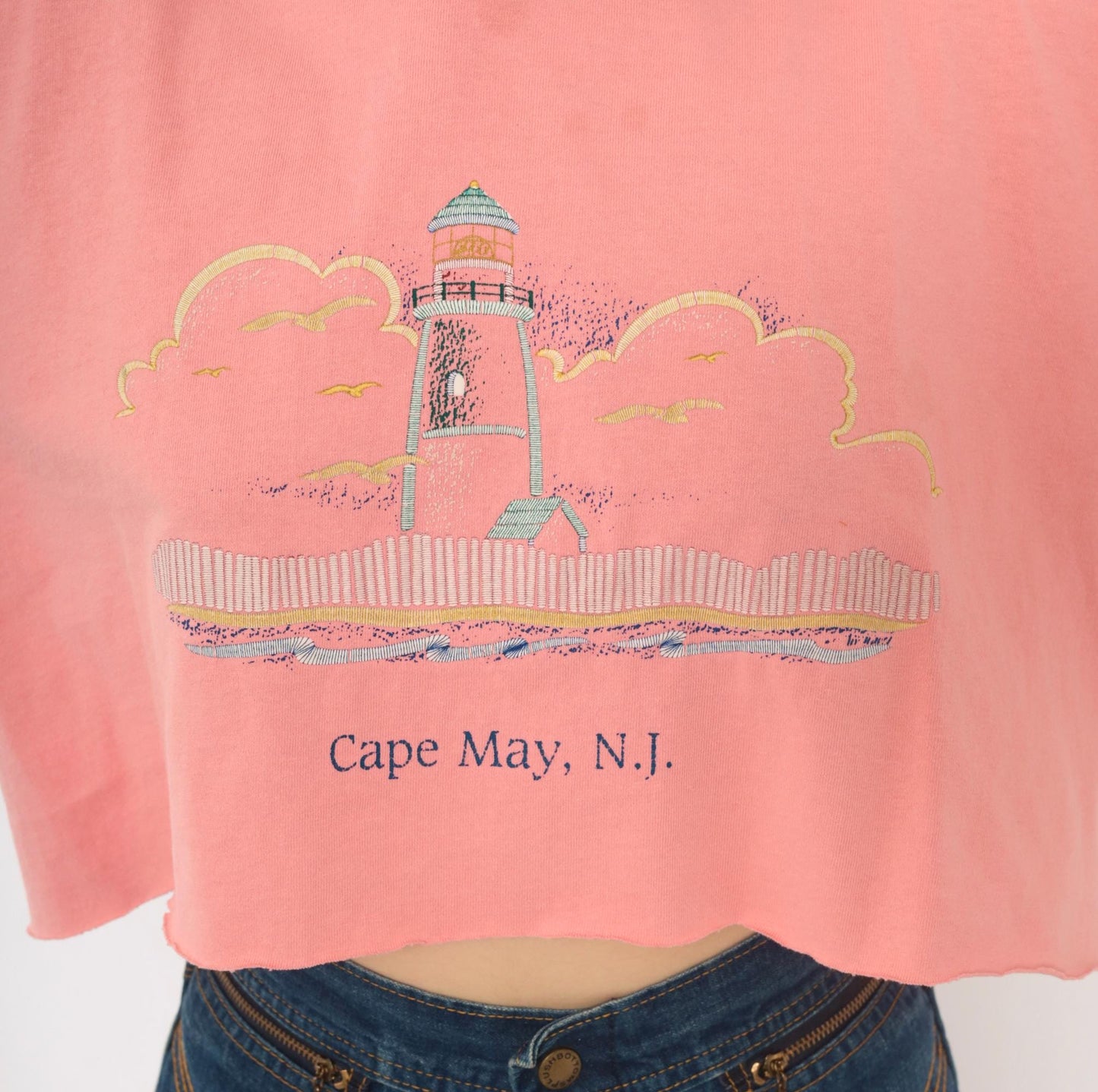 90s Anvil Lighthouse Cape May Crop Top Embroidered Cotton Pink Large L