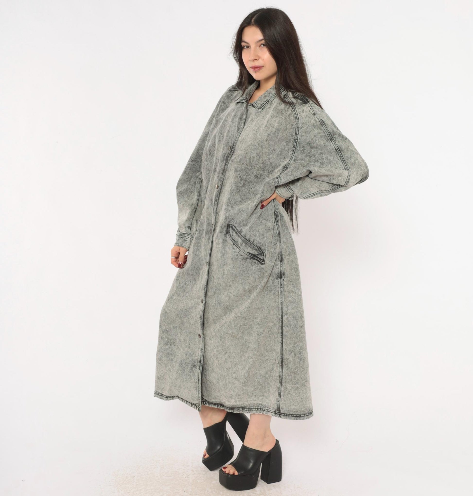 90s Acid Wash Denim Duster Grey Snap Front Maxi Jacket Cotton Medium M