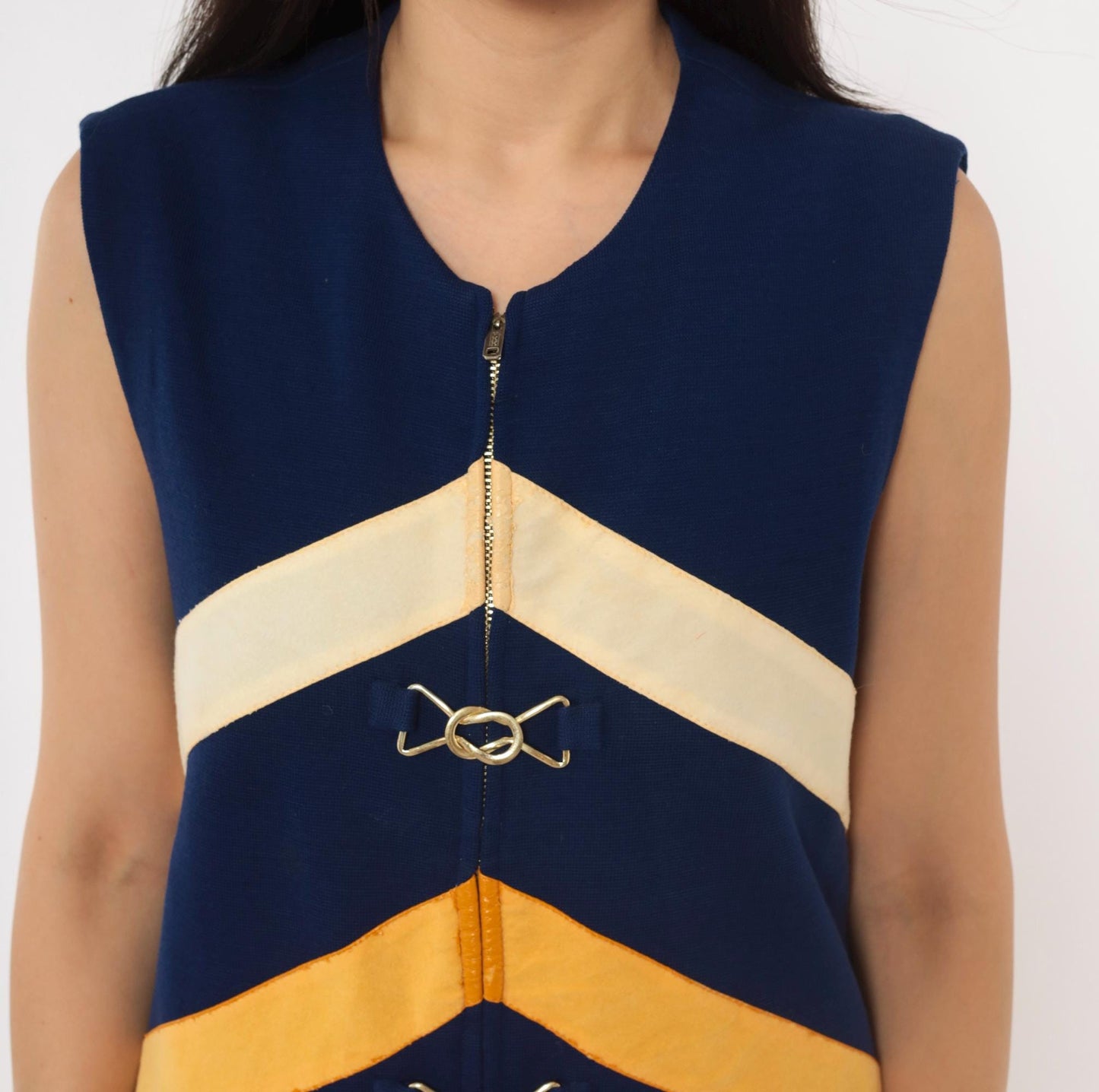 60s Di Costa Wool Chevron Stripe Mini Dress Navy Cream Gold Coral Zip Front Medium