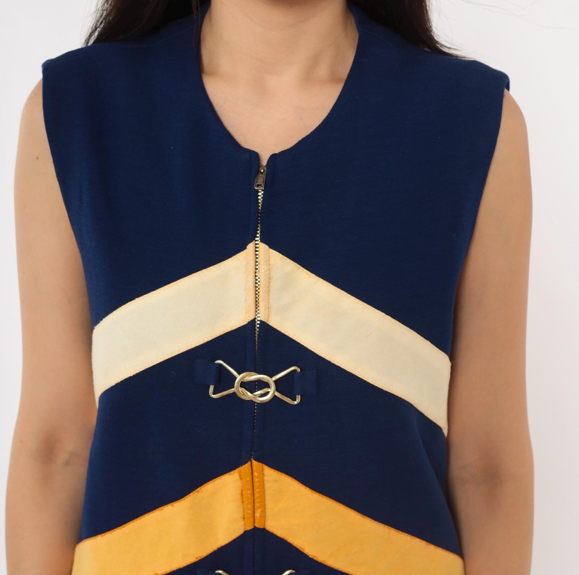 60s Di Costa Wool Chevron Stripe Mini Dress Navy Cream Gold Coral Zip Front Medium