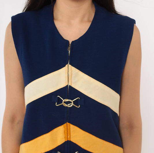 60s Di Costa Wool Chevron Stripe Mini Dress Navy Cream Gold Coral Zip Front Medium